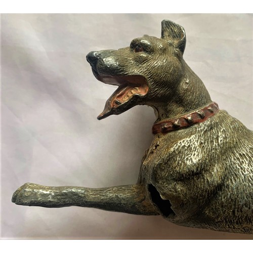 84 - A cold painted bronze model of a dog, one leg detached, 18 cm long, as found condition.