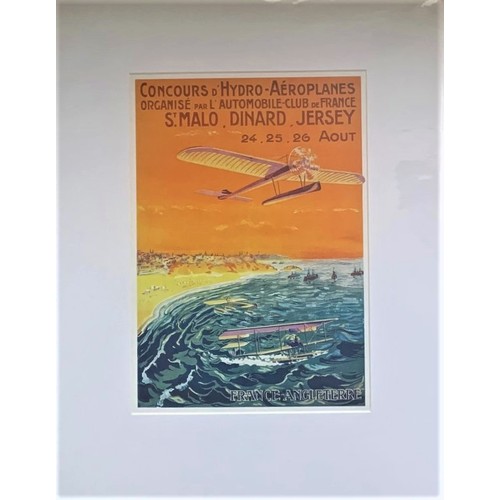 49 - *REPRODUCTION* Aviation poster, Hydro Aeroplanes, St Malo, Dinard, Jersey, mounted, 28 x 20 cm.