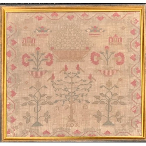 94 - A framed Channel Islands sampler, Guernsey early 19th century, DOREY family interest,  depicting two... 