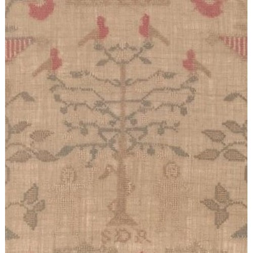 94 - A framed Channel Islands sampler, Guernsey early 19th century, DOREY family interest,  depicting two... 