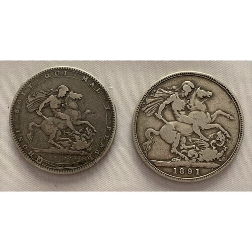 123 - Two British Crowns, King George III I820 and Queen Victoria 1891 a/f  (2).