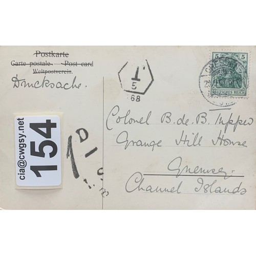 154 - German postcard, addressed to Colonel Tupper, Guernsey, underpaid postal stamps.