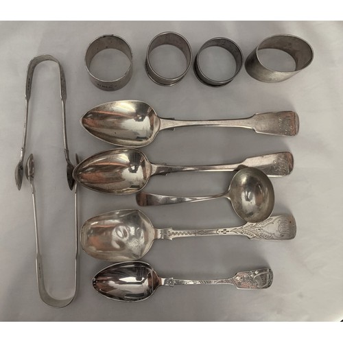 184 - Silver napkin rings, silver spoons, tongs, weight 502 grams (11).