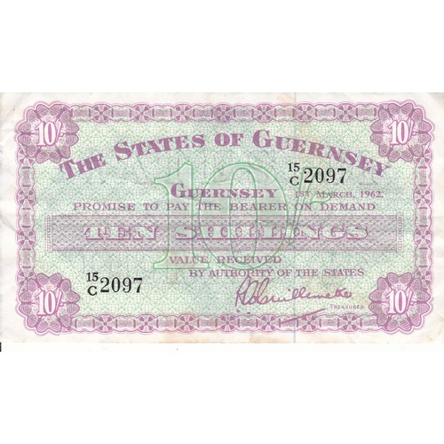 204 - British Banknote, The States of Guernsey Ten Shillings, Signatory Guillemette, 1st March 1962.