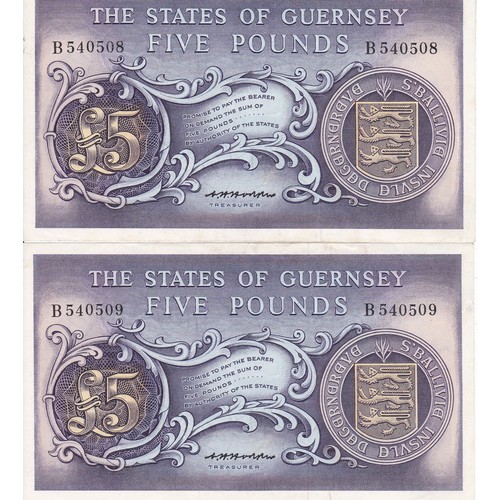 205 - British Banknotes The States of Guernsey, Five Pounds, two consecutive numbers, Signatory Hodder (2)... 