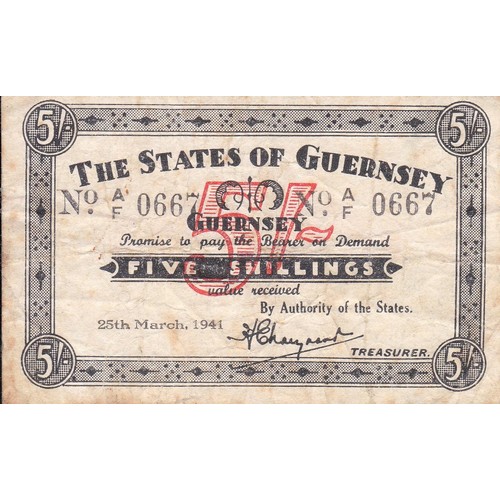 206 - British Banknote, The States of Guernsey Five Shillings Signatory Marquand, No. AF 0667 25th March 1... 