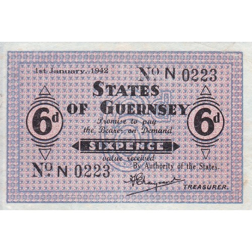 210 - British Banknote The States of Guernsey Sixpence Signatory Marquand No. N0223 1st January 1942.
(N02... 