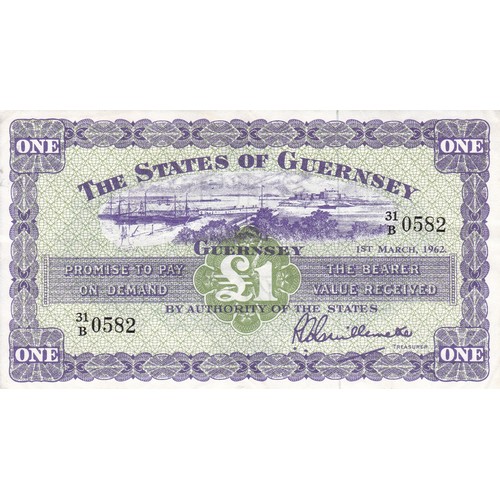 211 - British Banknote The States of Guernsey One Pound Signatory Guillemette  Ist March 1962.