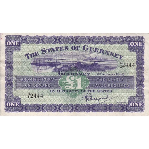 214 - British Banknote The States of Guernsey One Pound Signatory Marquand 1st August 1945.