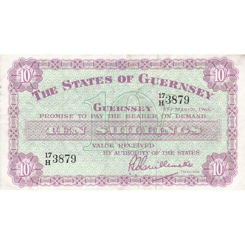 215 - British Banknote, The States of Guernsey, Ten Shillings, Signatory Guillemette 1st March 1965.