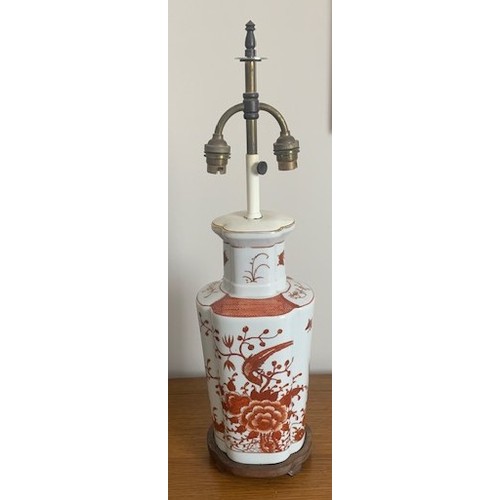 187 - Oriental style vase with lamp conversion, old wiring removed, base drilled, no maker's marks.