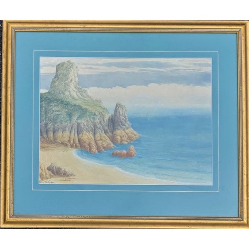 222 - Randal Vogan (French 19th century), Canon Rock, Petit Port, Guernsey, watercolour, signed and inscri... 