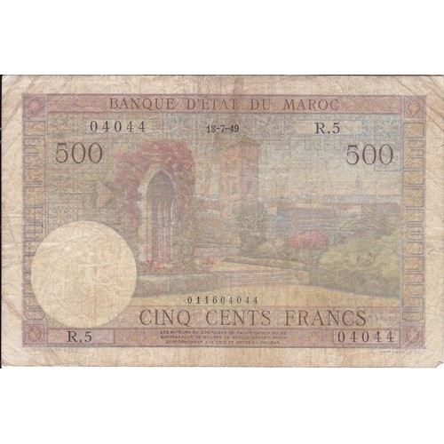 9 - State Bank of Morroco 1949 issue, value 500 Francs.