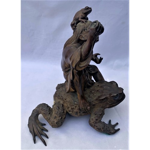 25 - Japanese bronze group, depicting the Immortal Gama Sennin riding on a large toad with a smaller toad... 