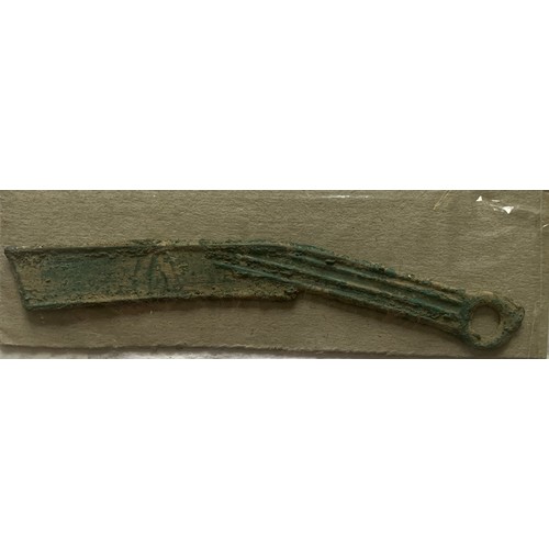 67 - Chinese bronze knife money, date c 400-255 BC, 13.5 cm wide, with printed certificates.