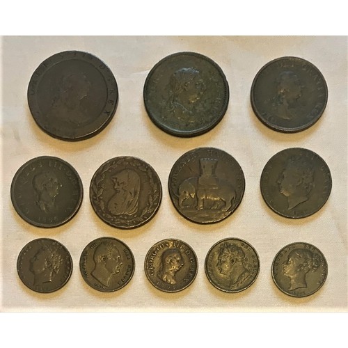 71 - British coins and tokens, Penny 1797 & 1807, Halfpenny 1799, 1806, 1826, Farthing 1806, 1821, 1829, ... 