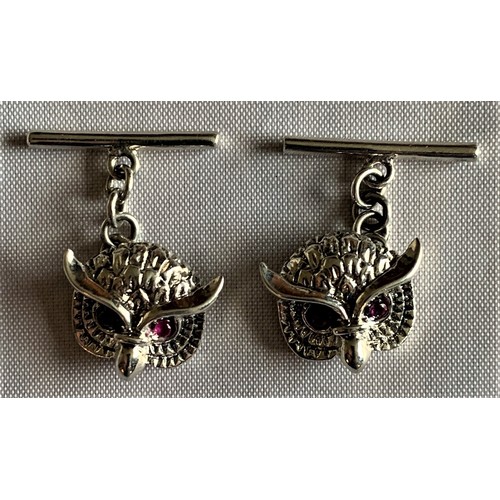 81 - Pair of Sterling Silver small cufflinks in the form of owls with inset Ruby eyes.