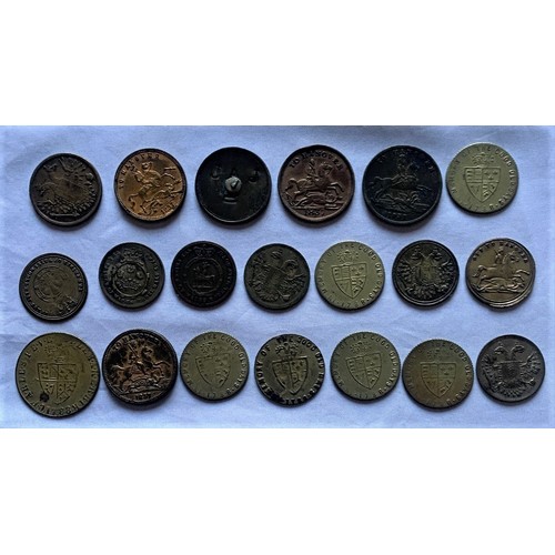 84 - A collection of British gaming counters, mainly brass (19).