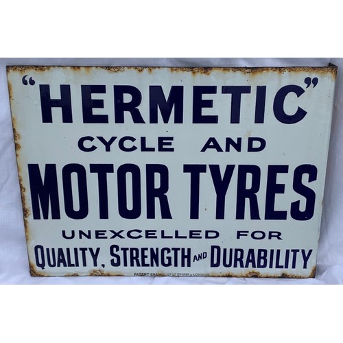 100 - Original vintage enamel double sided advertising sign, Hermetic Cycle and Motor Tyres, 11 x 15 in.