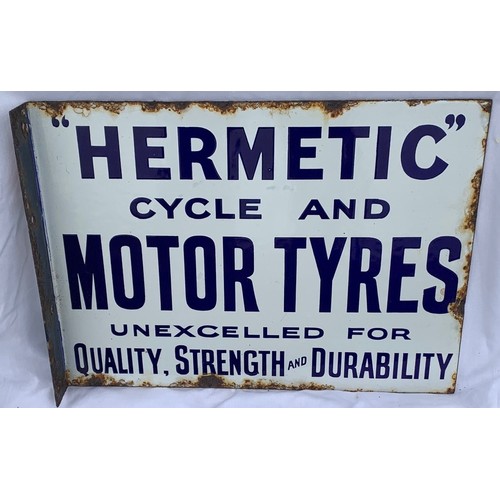 100 - Original vintage enamel double sided advertising sign, Hermetic Cycle and Motor Tyres, 11 x 15 in.