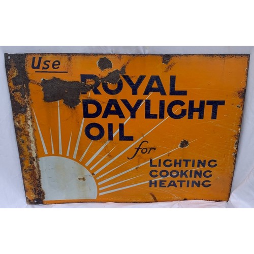 102 - Vintage original enamel double sided Advertising sign, Royal Daylight Oil for Lighting, Cooking, Hea... 