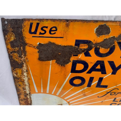 102 - Vintage original enamel double sided Advertising sign, Royal Daylight Oil for Lighting, Cooking, Hea... 