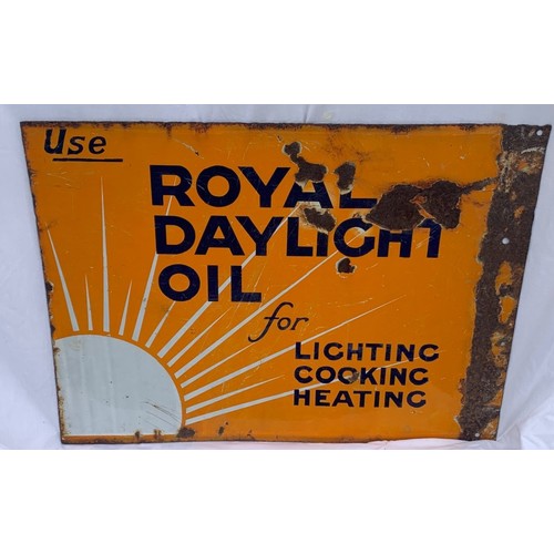 102 - Vintage original enamel double sided Advertising sign, Royal Daylight Oil for Lighting, Cooking, Hea... 