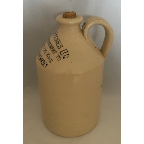 105 - A Guernsey stoneware flagon, white glaze, with black transfer 'Le Riches Stores Ltd. By Royal Appoin... 