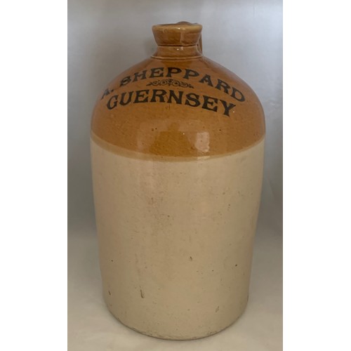 107 - A Guernsey two tone stoneware flagon by Price Bristol, with black transfer 'A Sheppard Guernsey', on... 