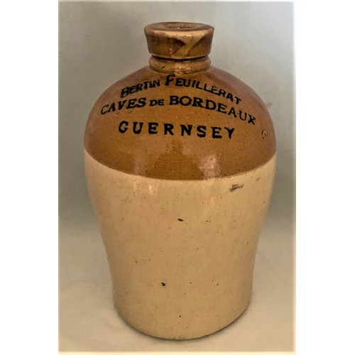 108 - A Guernsey two tone stoneware flagon by Price of Bristol, with black transfer 'Bertin Feuillerat Cav... 