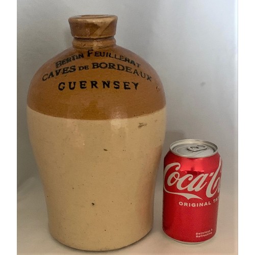 108 - A Guernsey two tone stoneware flagon by Price of Bristol, with black transfer 'Bertin Feuillerat Cav... 