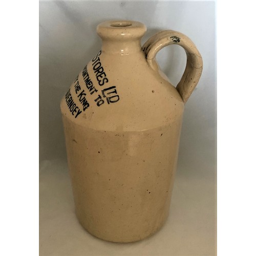 109 - A Guernsey white glazed stoneware flagon with black transfer 'Le Riches Stores Ltd. By Royal Appoint... 