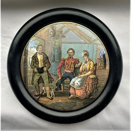 110 - Prattware pot lids, The Rivals, in black painted circular frame, 10.3 cm diameter, together with The... 