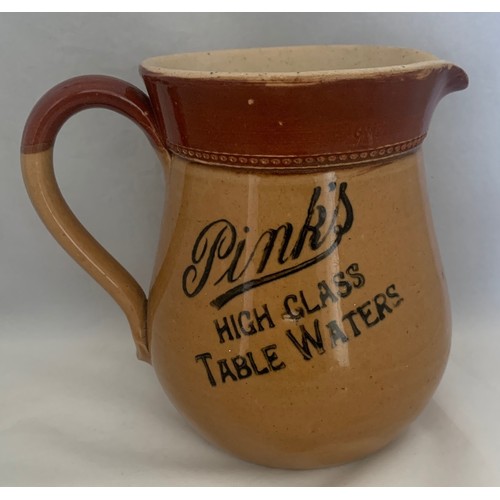 122 - Pink's Chichester Sussex 'Pink's High Class Table Waters' two tone stoneware pub jug, 14 cm high. * ... 