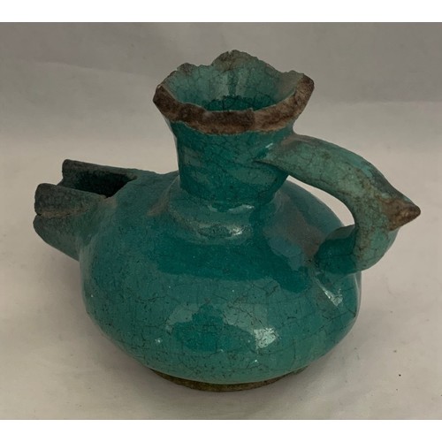 47 - Antique Persian oil lamp, probably 14th or 15th century, with turquoise glaze, 10 cm wide, definitel... 