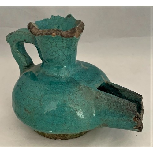 47 - Antique Persian oil lamp, probably 14th or 15th century, with turquoise glaze, 10 cm wide, definitel... 