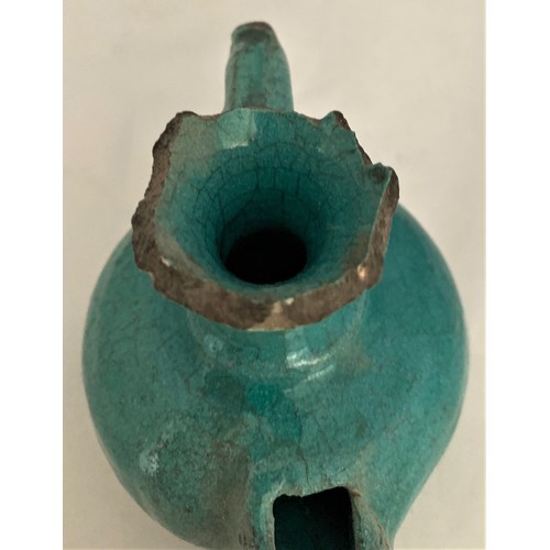 47 - Antique Persian oil lamp, probably 14th or 15th century, with turquoise glaze, 10 cm wide, definitel... 