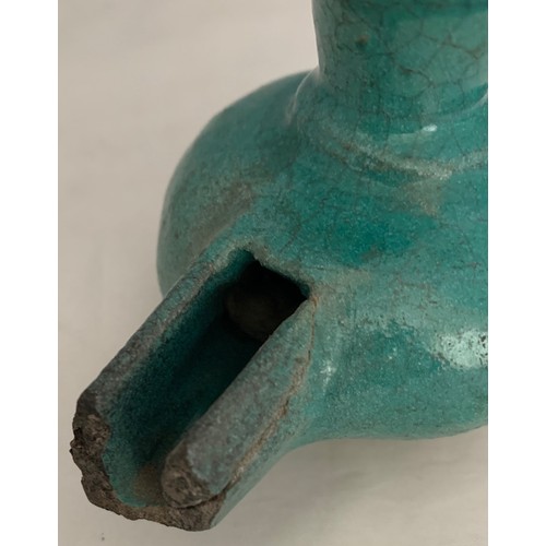 47 - Antique Persian oil lamp, probably 14th or 15th century, with turquoise glaze, 10 cm wide, definitel... 