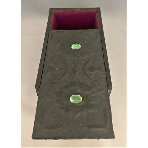 54 - Art Nouveau pewter jewellery casket, the sliding lid with two inset semi-precious stones, the interi... 