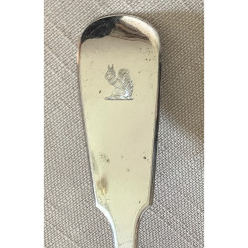 78 - Victorian silver plated soup ladle, by R & B, the terminal with Squirrel crest, 34 cm long.