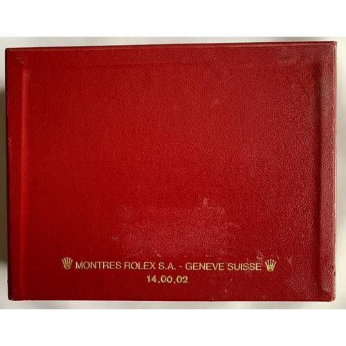 91 - Rolex ladies wrist watch box, red with gilt detail, the interior with fitted cushion, the base inscr... 