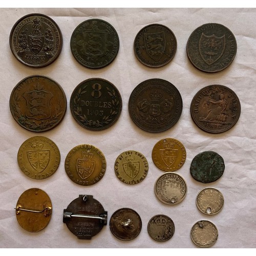 92 - Various coins and medals including early Jersey, Halfpenny tokens, Gaming counters, badges (20).