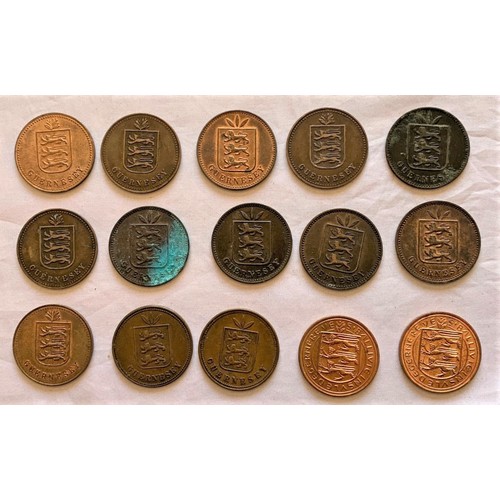 93 - Guernsey Four Doubles copper coins, the earliest 1864 (15).