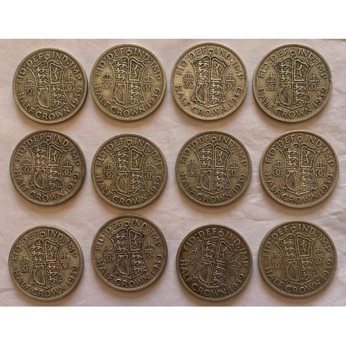 94 - Pre 1947 British coins, Twelve Half Crowns dated 1939, weight 166 grams (12).