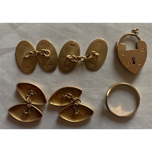 102 - A 9 carat gold ring, 9 carat gold padlock, two pairs 9 carat gold cufflinks weight 12 grams (6).