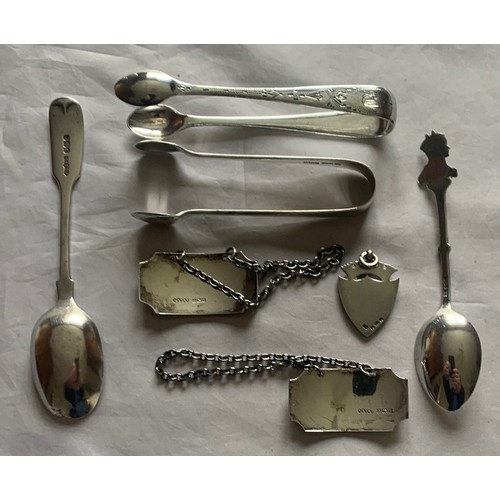 98 - St Peters Guernsey Air Rifle club prize silver spoon, silver fob, pair silver decanter labels, two s... 