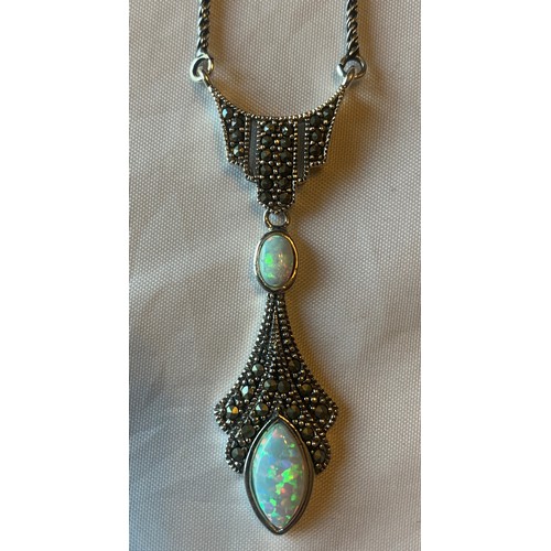 126 - Art Nouveau silver, marcasite and opal panelled necklace.