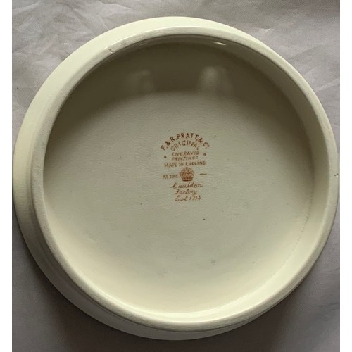 65 - Ceramic Prattware pot lid, the Canary and Bulfinch, 12.5 cm diameter.