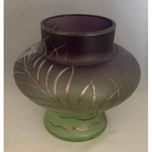 3 - Art Nouveau glass vase, with silver overlay, as found condition, the base cracked and some wear 18 c... 