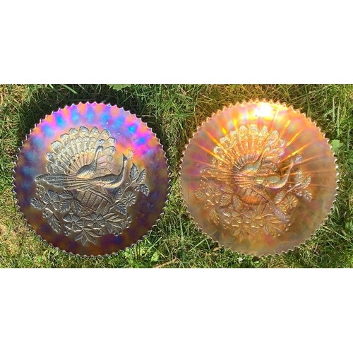 31 - Two Northwood pressed glass carnival plates, with 'peacocks on a fence decoration',  one with blue i... 